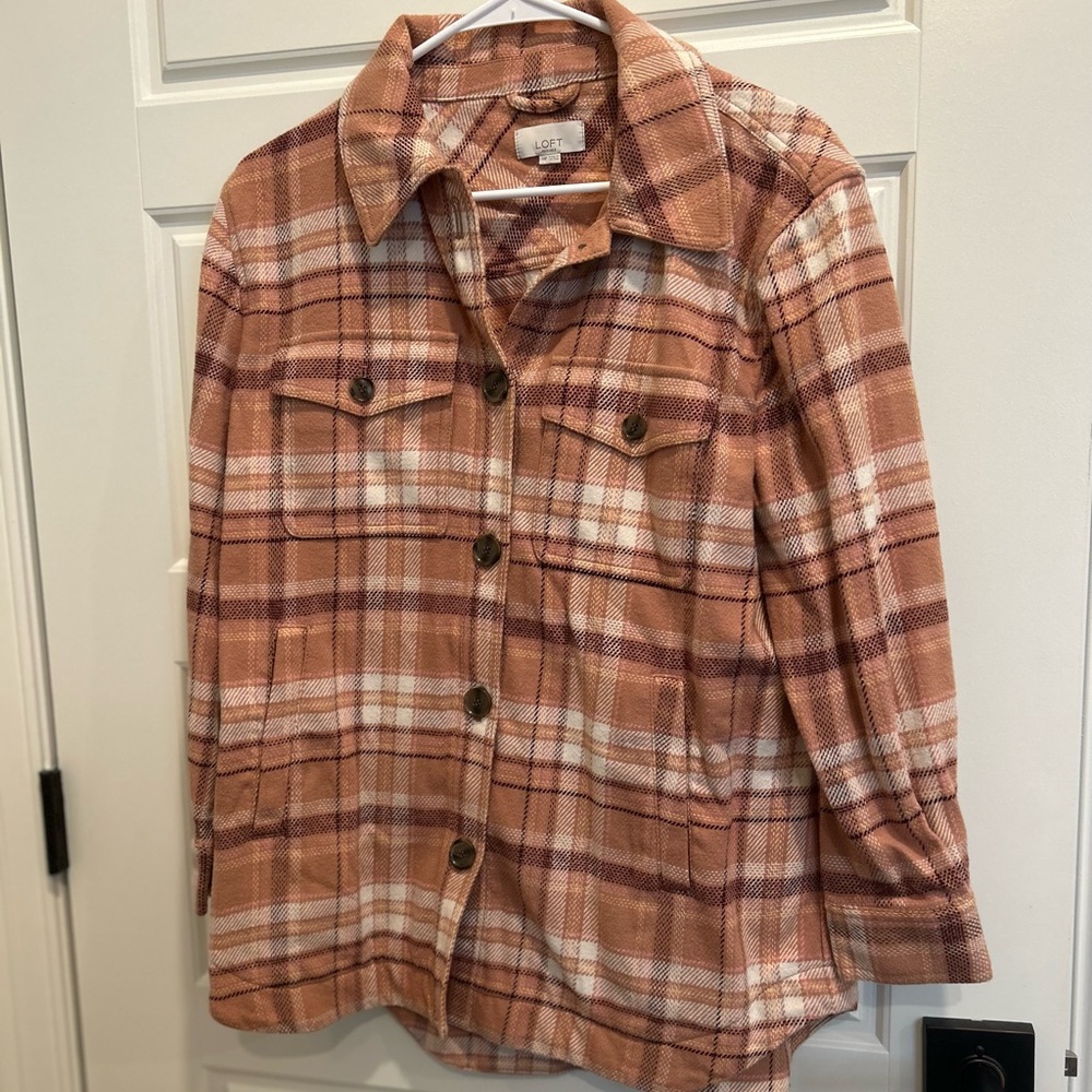 Loft Mauve Plaid Button Down Shacket Medium Petite - image 2